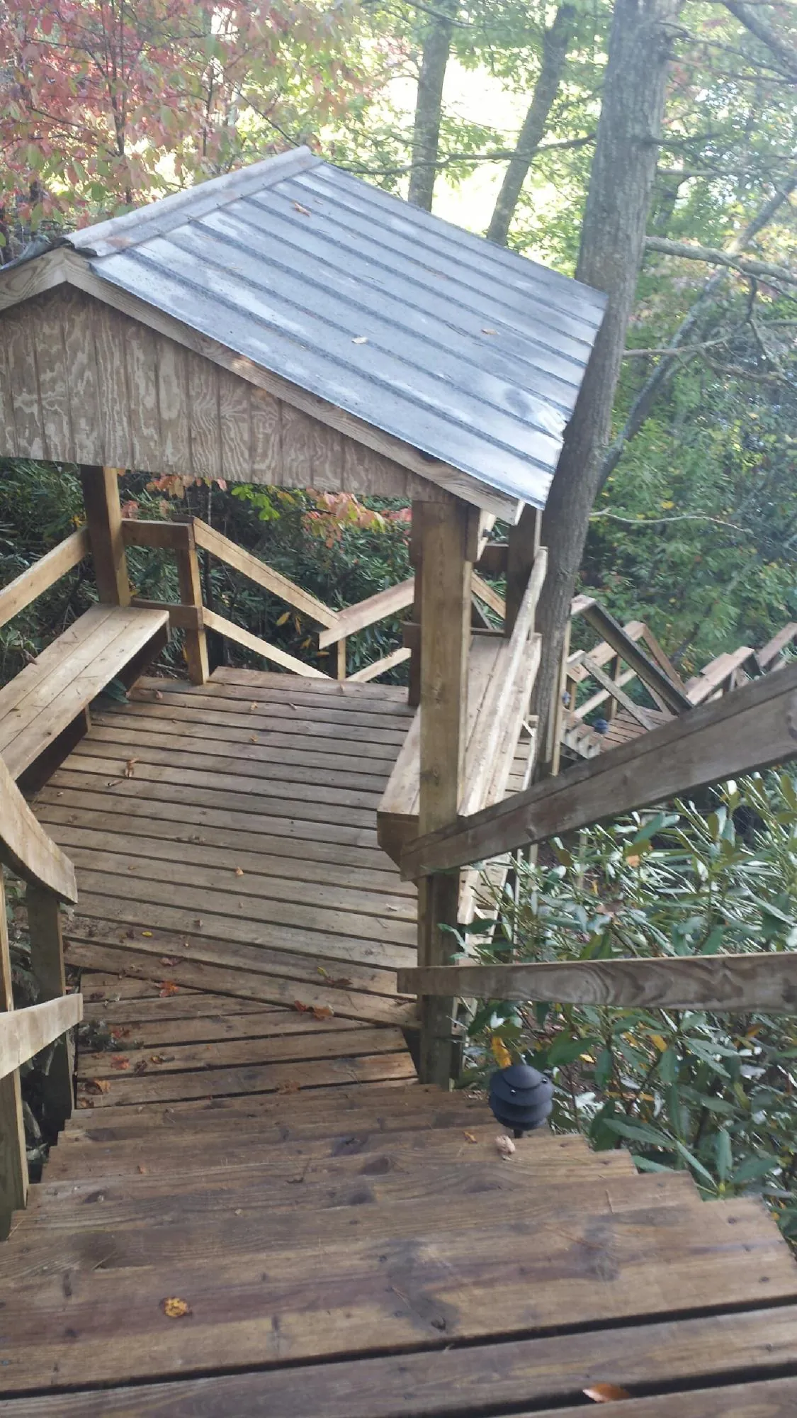 Metal roofed shelter over wooden steps on a wooded walkway — Skylight Repair & Installation work by our crew in West Union
